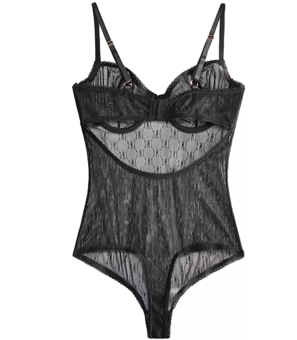 INC INTERNATIONAL CONCEPTS WOMENS MONOGRAM MESH BODYSUIT BLACK LOGO MEDIUM NEW